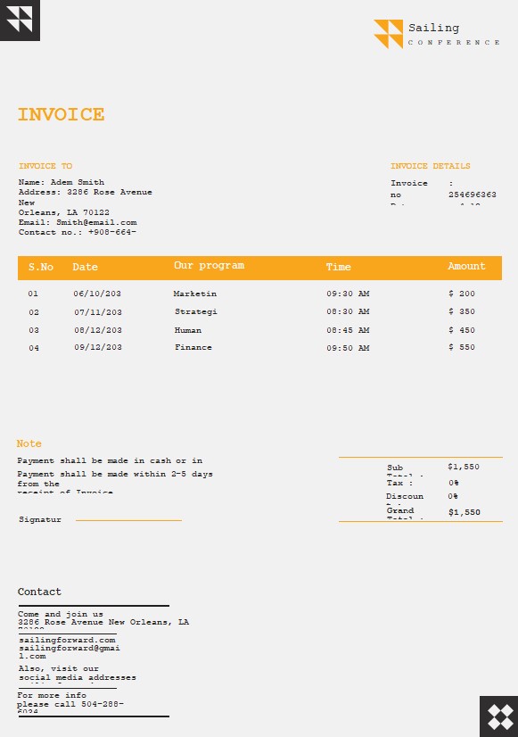 Free Conference Invoice Template PSD template